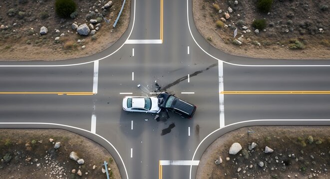 Overhead view of crashed cars on road intersection  accident scene