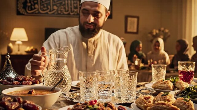 Muslim Father Pours Water from a Crystal Pitcher During a Joyful Ramadan Iftar Family Feast
