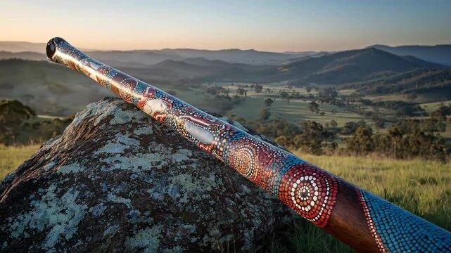 A vibrant didgeridoo rests on a rock in a serene mountain landscape.