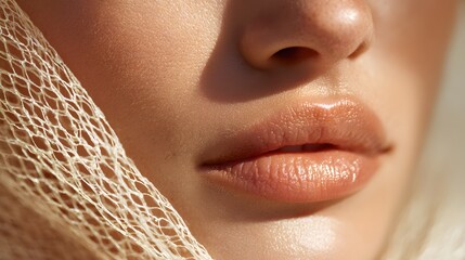 Close-up of a womans lips with a sheer fabric overlay.
