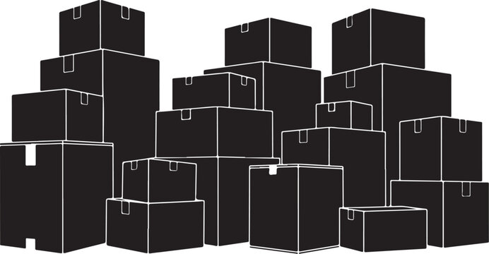 Black boxes stacked in a pile on white background