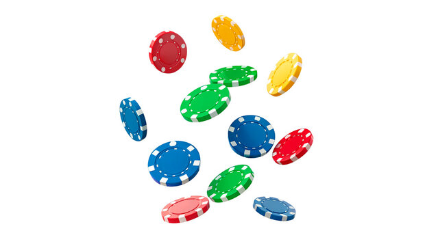 Colorful poker chips float in the air isolated on transparent background cut out