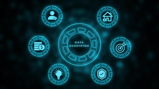 Cyan neon glowing data ecosystem interface with abstract for finance goals and home ownership on a dark digital bokeh background
