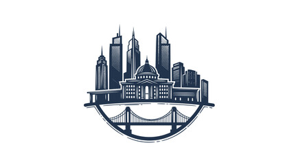 Obraz premium Stylized City Skyline Emblem with Modern Buildings, Dome, and Bridge on Isolated White Background
