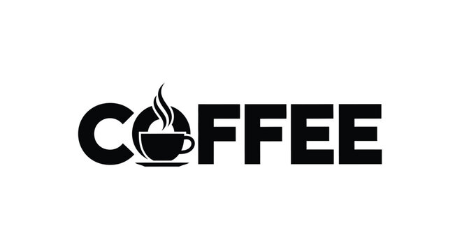 Stylized black text spelling 'COFFEE' with a steaming hot cup and saucer icon replacing the double 'F' letters.