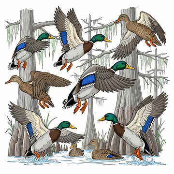 Mallard ducks flying and swimming in a cypress swamp forest illustration