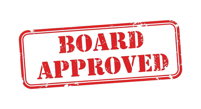 A red rectangular rubber stamp displaying the words board approved in bold uppercase lettering on a white background high quality professional