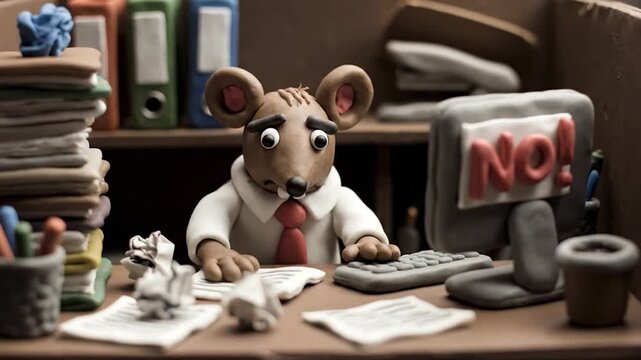 A claymation mouse office worker, despondent, facing a computer screen with "NO!" message