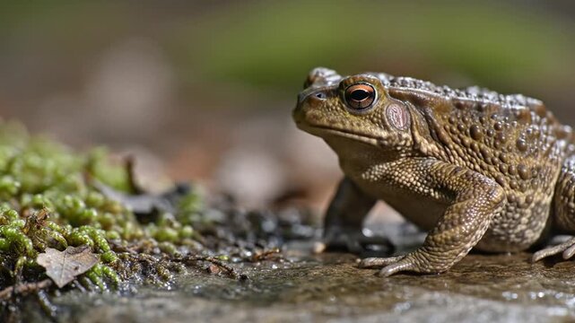 Common toad resting on wet mossy ground in natural habitat