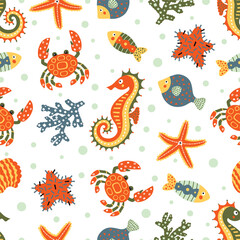 Seahorse, crab, fish, coral. Vector seamless pattern. Can be used in textile industry, paper, background, scrapbooking.
