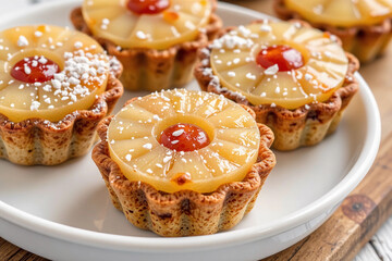 Close up of homemade pineapple tarts or Nastar served on a white bowl.