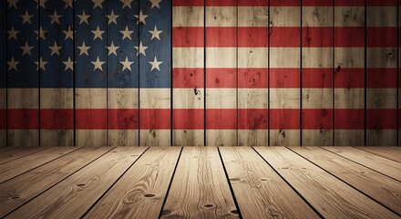American flag painted onto a weathered wooden plank wall and floor
