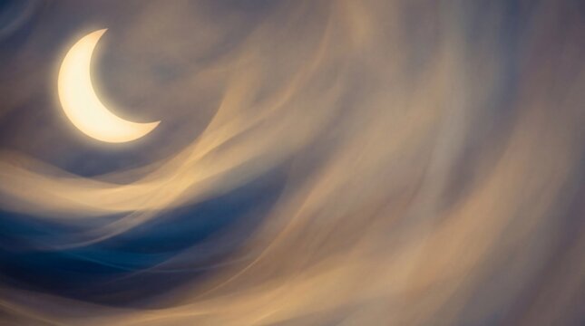 Luminous Celestial Crescent in Ethereal Sky with Swirling Golden Clouds