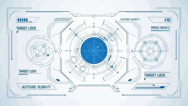 futuristic cockpit interface, target lock, speed mach 2, digital display