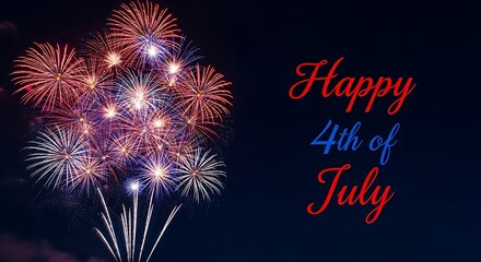 Happy 4th of July text with a vibrant fireworks display on dark background
