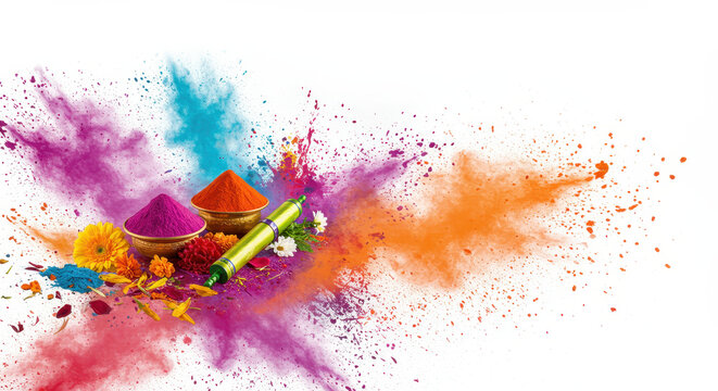 Colors of Holi Festival: Exploding hues of vibrant powders and flowers celebrate the essence of Holi, with a colorful array in a beautiful composition. A symbol of happiness and life.