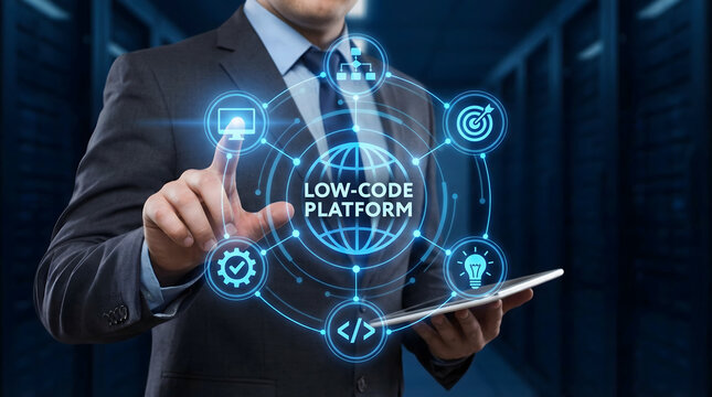 Professional man interacting with glowing low code platform interface in a modern data center