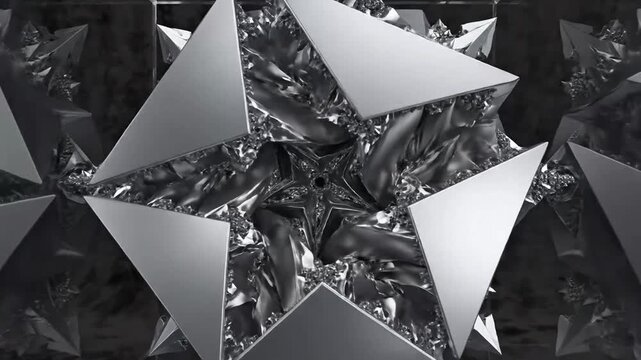 Abstract crystalline fractal pattern with a central diamond-like core rendered in metallic silver against a stark black background a modern and luxurious design element