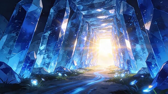 Fantasy blue crystal tunnel with glowing flowers and light path