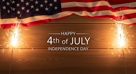 Happy 4th of July with USA flag and sparkling sparklers on wood background
