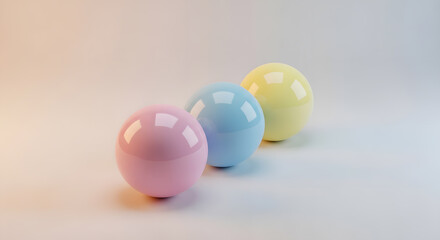 Simple 3D render of three shiny colorful spheres arranged in a diagonal line on a clean white reflective surface