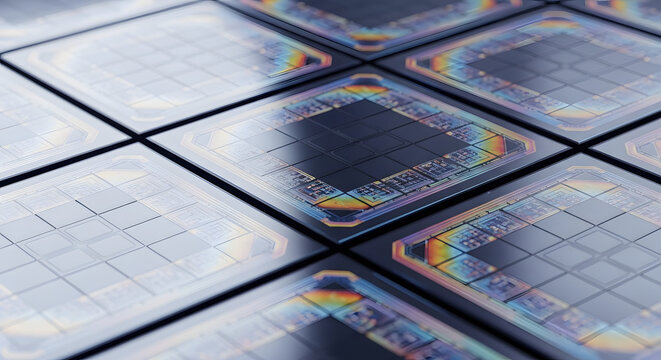 Macro view of silicon wafers with intricate patterns reflecting rainbow colors, representing advanced semiconductor manufacturing and microchip technology