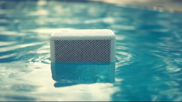 A white speaker floating in a serene blue pool on a sunny day.