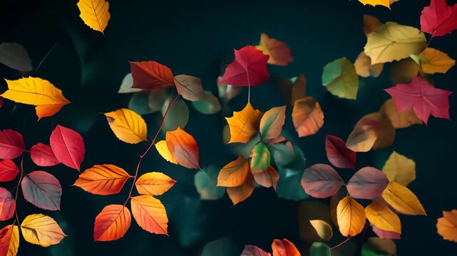 Vibrant autumn leaves in varying shades of red, orange, and yellow float against a dark backdrop