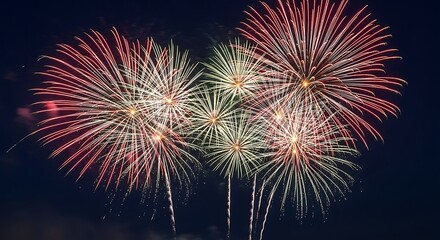 Spectacular display of red and gold fireworks illuminating the dark night sky, creating a festive and celebratory atmosphere.
