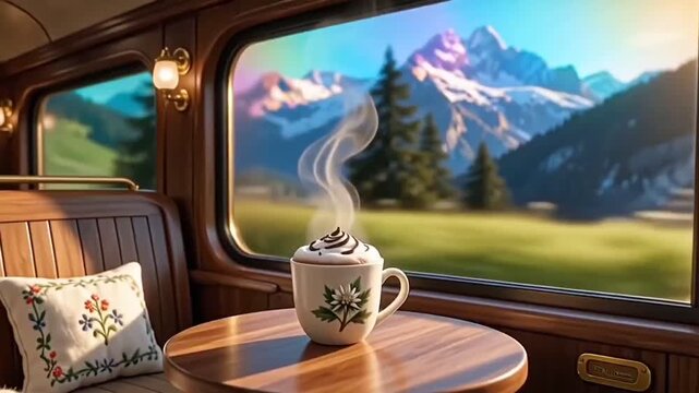 Cozy luxury train interior with mountain view and steaming hot chocolate