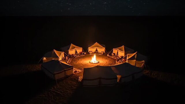 A warm and inviting desert luxury campsite is arranged in a circle with glowing tents surrounding a crackling bonfire under a dramatic starry night sky.