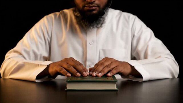Close-up of a man in white thobe reading a book on a table during ramadan with a dark background