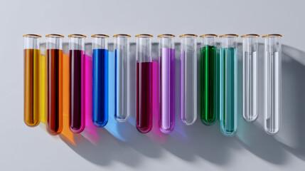 Fototapeta premium Colorful test tube row on white background, laboratory glassware, science concept, vibrant mood