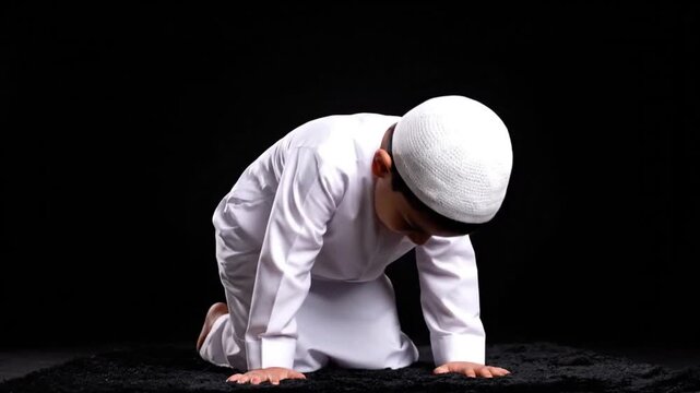 A young Muslim boy in white attire performing sujood during ramadan against a dark background.