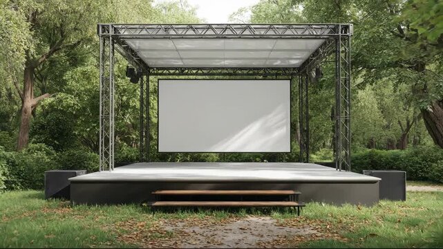 Open-air stage in a green park, ready for an outdoor event.