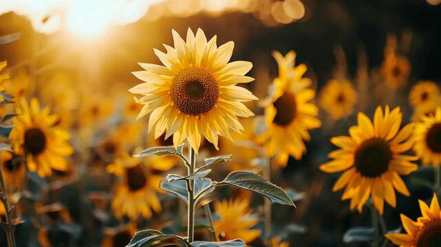 A field of sunflowers basks in the golden sunlight, capturing a vibrant, warm scene