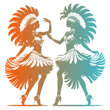 Two Carnival dancers in ornate feather headdresses and Rio showgirl costumes, design for Brazil Carnival posters, Las Vegas show advertisements and party invitation flyers. Transparent SVG version.