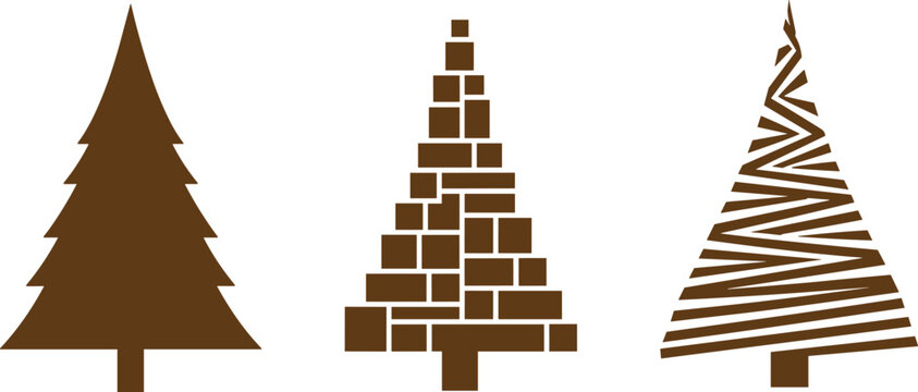 Minimal geometric  tree illustrations set, brown abstract pine icons, modern holiday vector design isolated on white background
