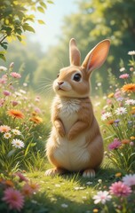 A Rabbit Grooming Itself in a Peaceful Forest Clearing