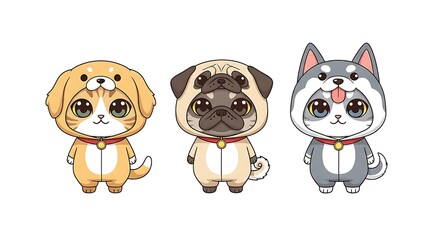 Three Cute Cartoon Pets Pug Cat and Puppy Friends.