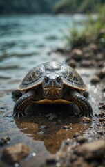 A Turtle Resting Peacefully Among the Reeds of a Quiet Pond