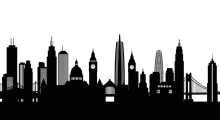 Obraz premium Iconic World City Skylines Silhouette with Famous Landmarks on Isolated White Background