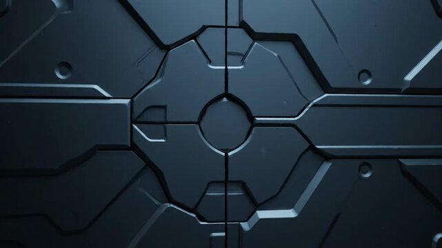 Close-up of a dark metallic surface with geometric patterns and a central circular design, featuring a combination of raised and recessed sections with a predominantly dark color scheme and