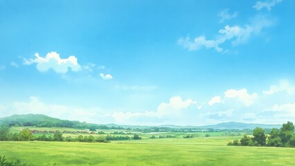 Obraz premium 青空と雲が印象的な草原のパノラマ風景イラスト 背景素材