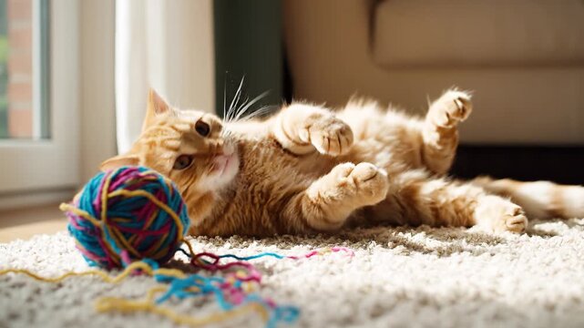 highly realistic, cinematic video of an adorable playful cat energetically batting, pouncing, and rolling a colorful ball of yarn across a cozy indoor room. Soft natural daylight pours through a windo