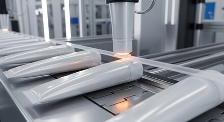 Automated production line sealing cosmetic tubes on a conveyor belt manufacturing