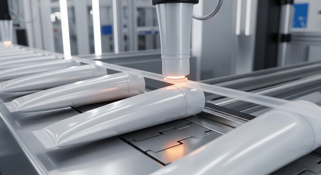 Automated production line sealing cosmetic tubes on a conveyor belt manufacturing