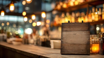 Cozy Bar Counter with Wooden Sign and Drink in Soft Bokeh Lights.