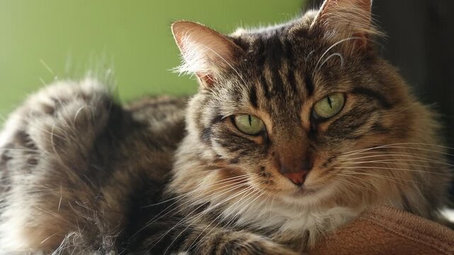 Cat with beautifull green eyes focusing on the camera on a green bedroom