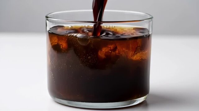 Dark iced coffee poured into a glass with ice cubes on a white surface.